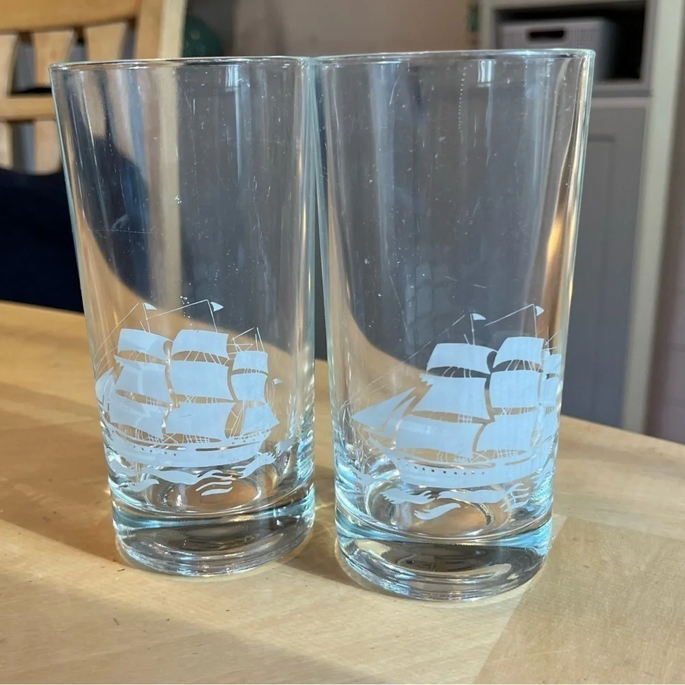 Vintage Schooner Sailing Ship Tumblers Glasses 12 oz. set of Two
